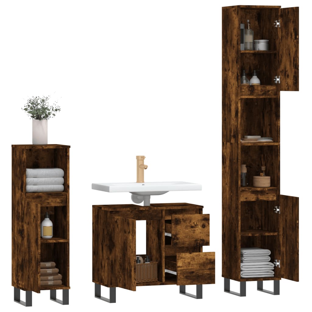 Set de muebles baño 3 pzas madera roble ahumado vidaXL