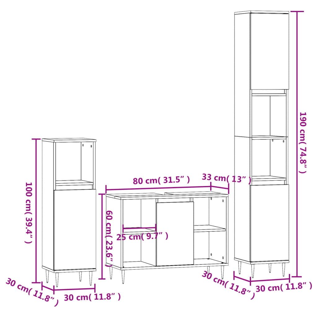 Set de muebles de baño 3 pzas madera gris Nexus