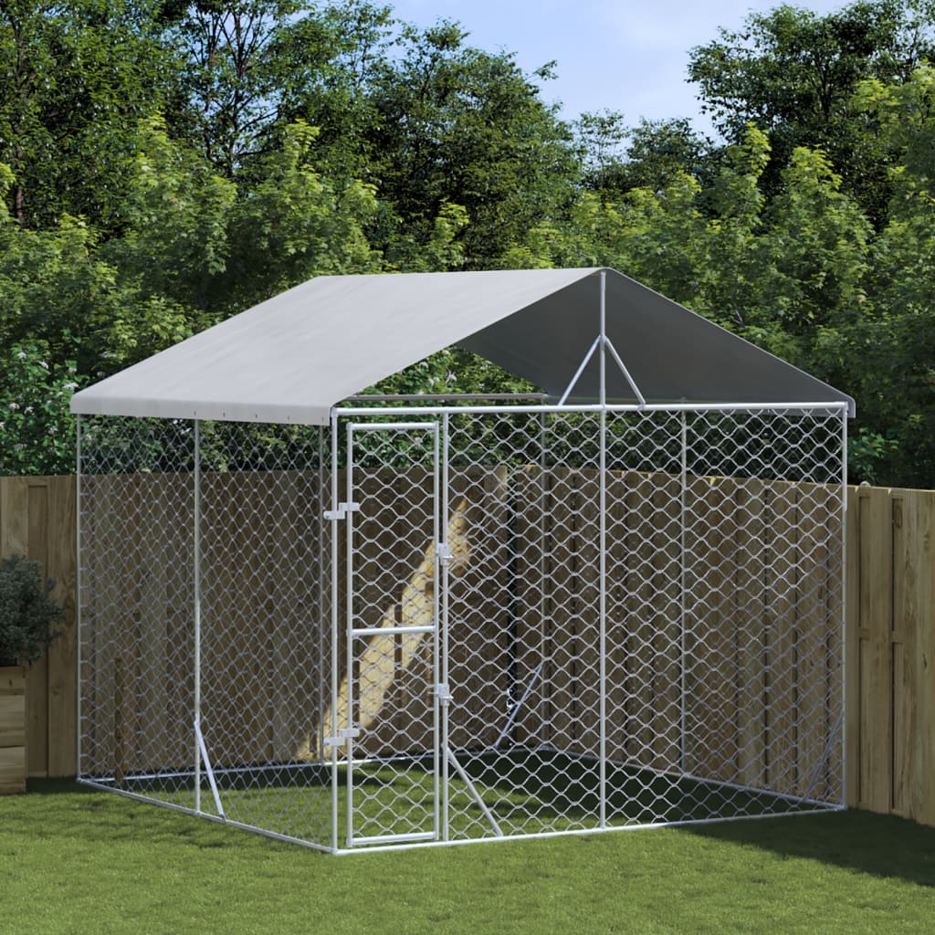 Vetonek Perrera de exterior con techo acero galvanizado plata 3x3x2,5 m