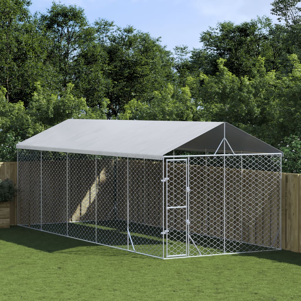 Vetonek Perrera exterior con techo acero galvanizado plata 3x7,5x2,5 m