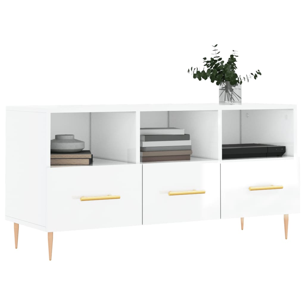 Mueble de TV madera blanco brillo 102x36x50 cm