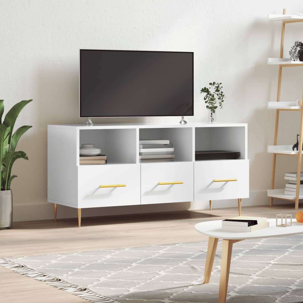 Vetonek Mueble de TV madera contrachapada blanco brillo 102x36x50 cm