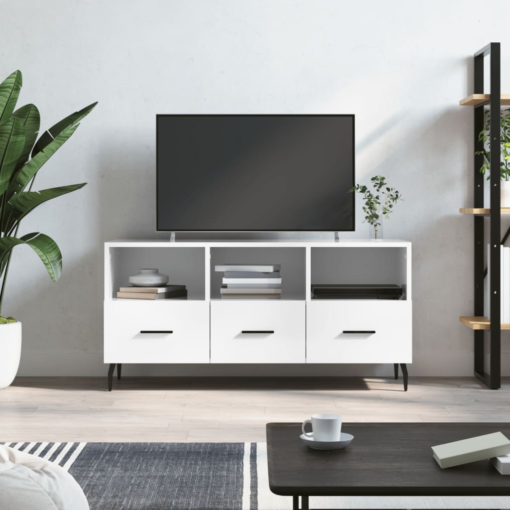 Vetonek Mueble de TV madera contrachapada blanco brillo 102x36x50 cm