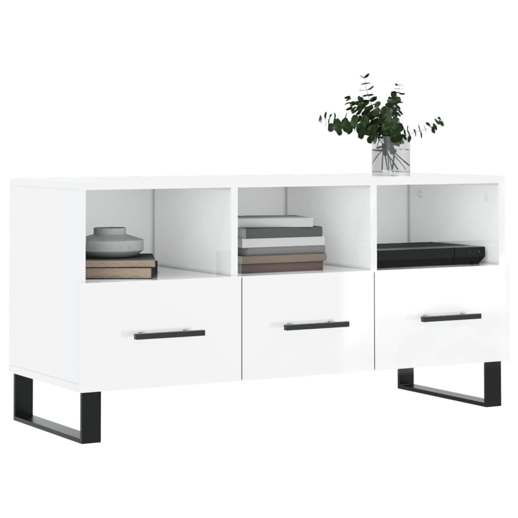 Mueble de TV madera blanco brillo 102x36x50 cm