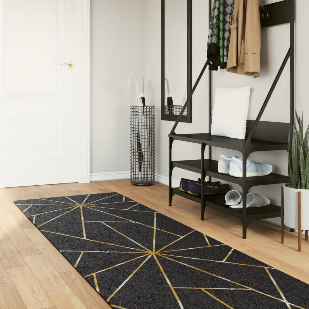 Vetonek Alfombra lavable antideslizante negro y dorado 80x300 cm