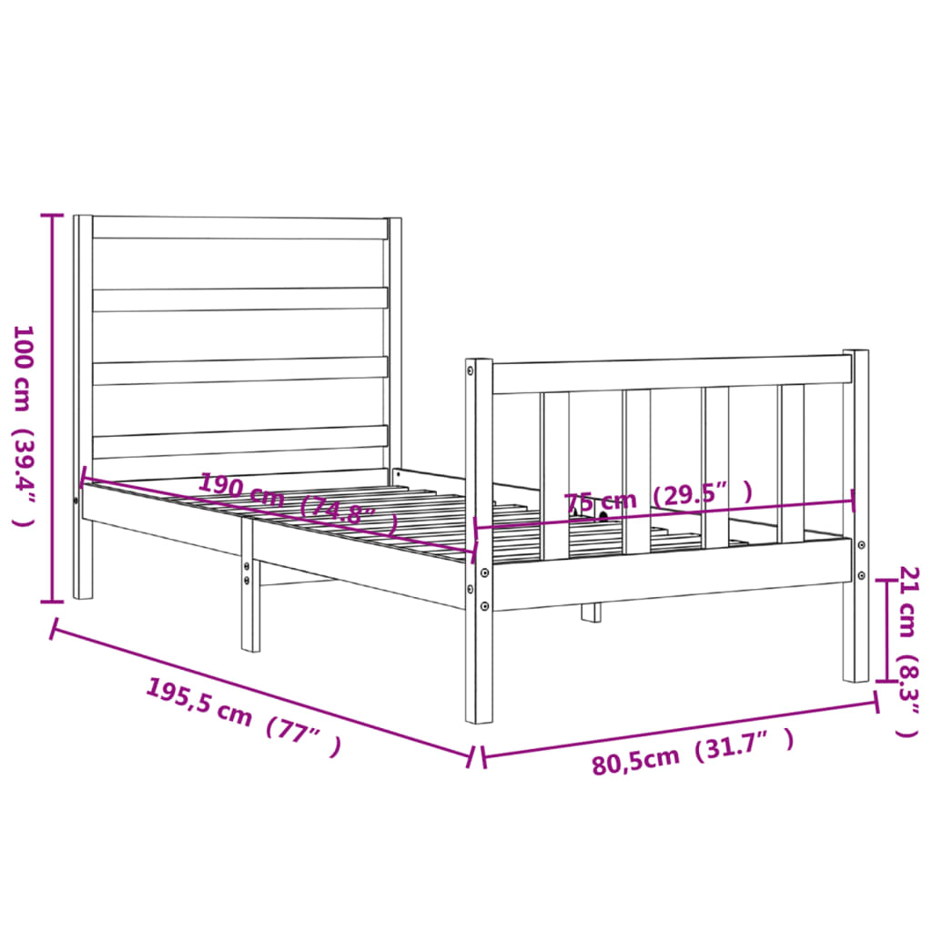 Estructura de cama individual con cabecero madera maciza blanco vidaXL