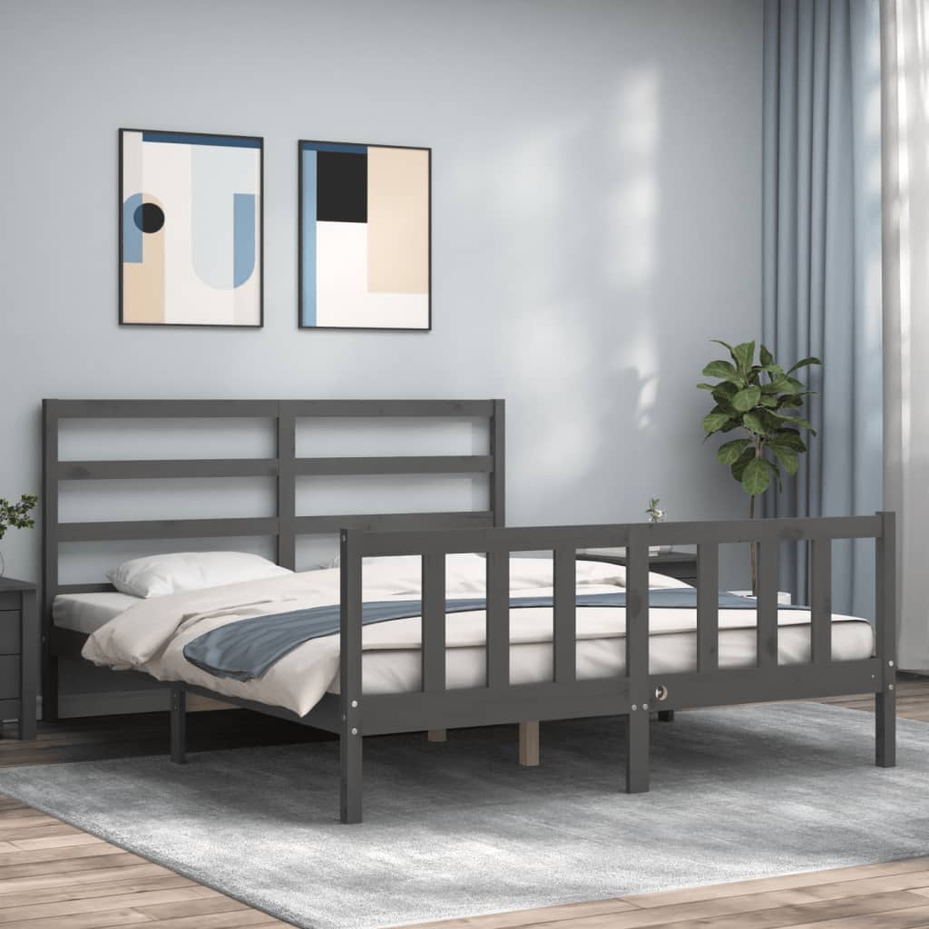 Vetonek Estructura de cama matrimonio con cabecero madera maciza gris