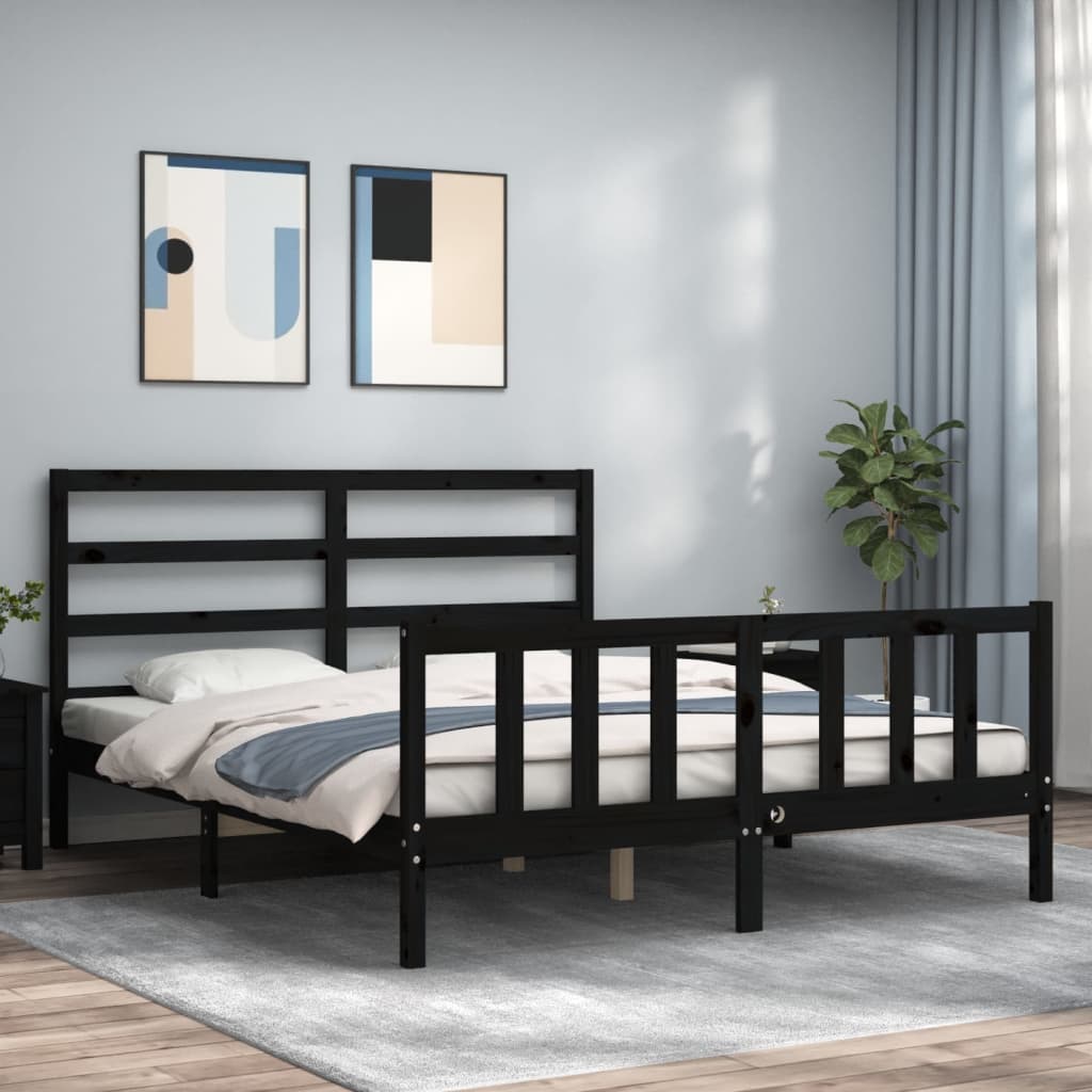 Vetonek Estructura cama de matrimonio con cabecero madera maciza negro