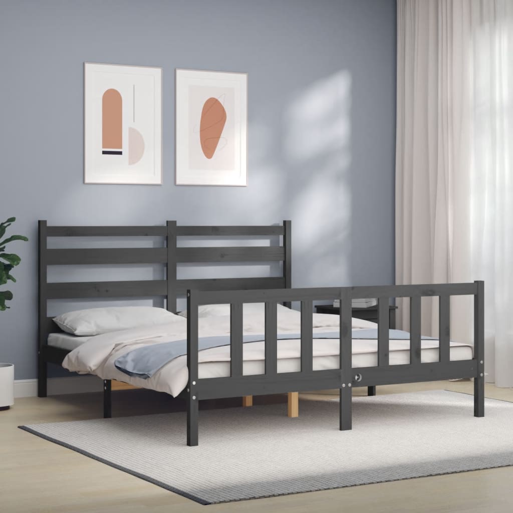 Vetonek Estructura de cama matrimonio con cabecero madera maciza gris