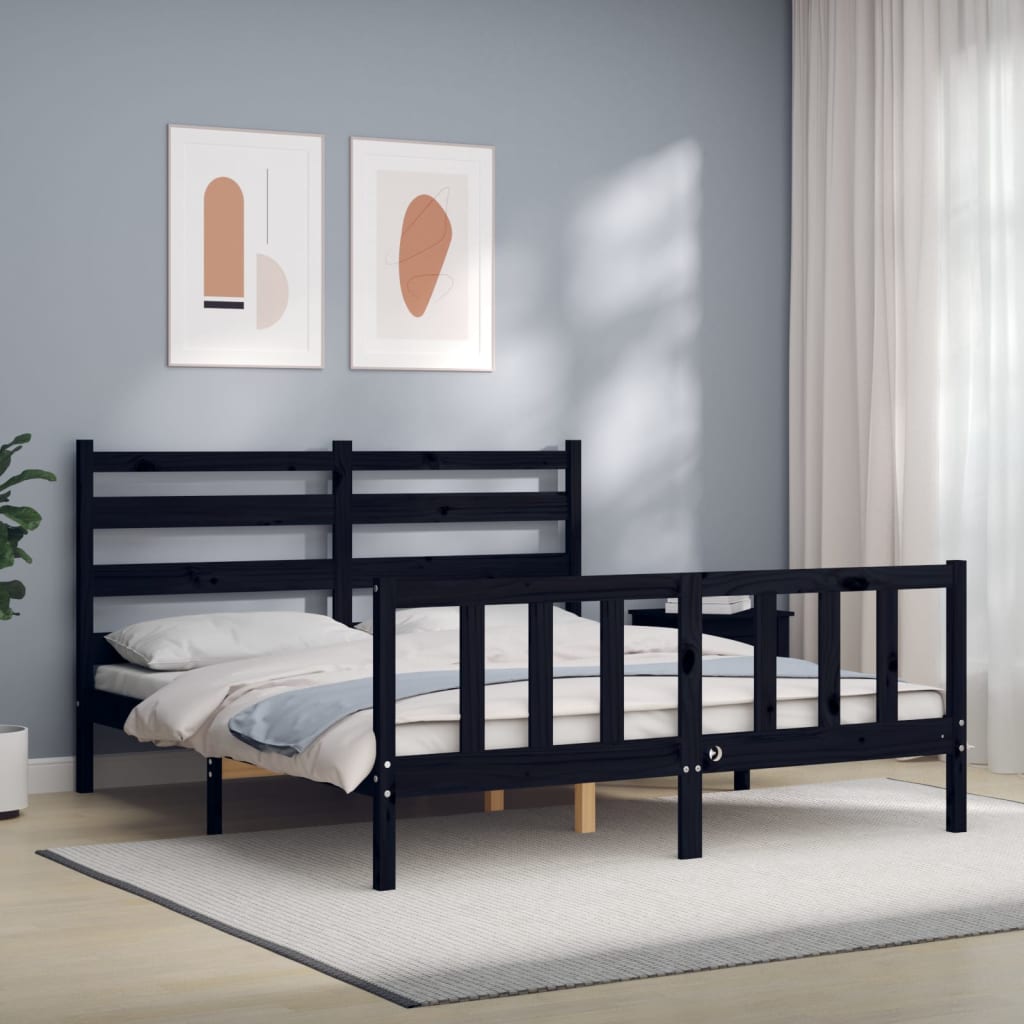 Vetonek Estructura cama de matrimonio con cabecero madera maciza negro