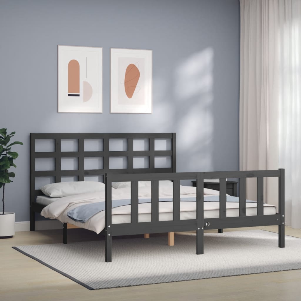 Vetonek Estructura de cama matrimonio con cabecero madera maciza gris