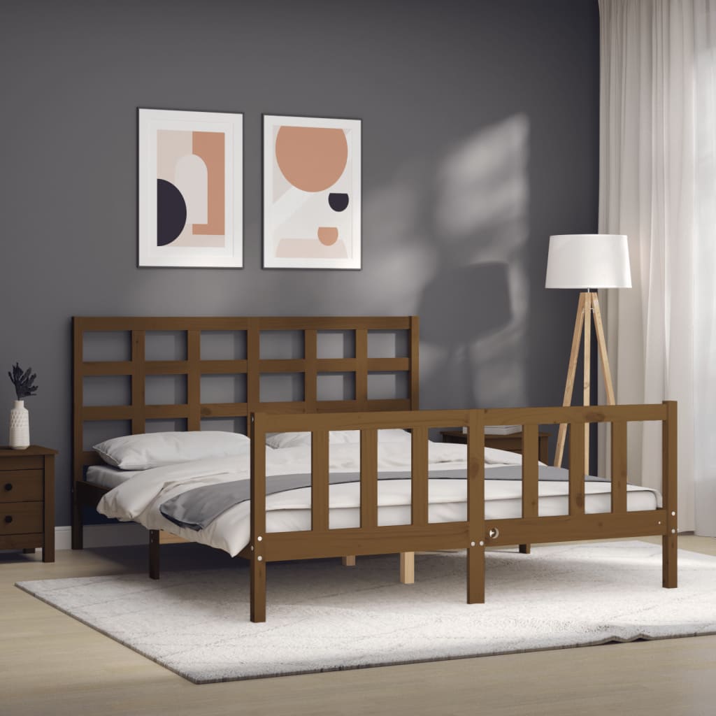 Estructura de cama matrimonio con cabecero madera marrón miel vidaXL