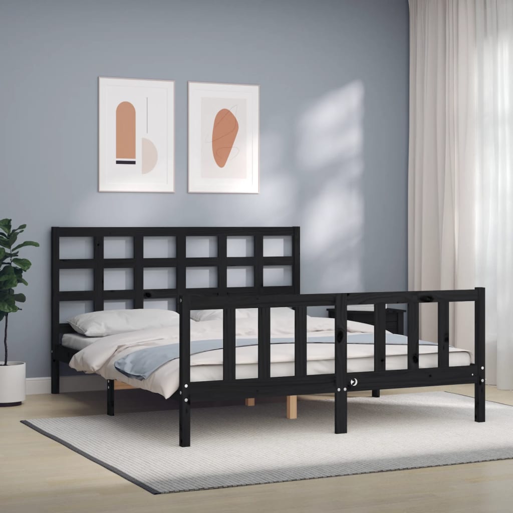 Vetonek Estructura cama de matrimonio con cabecero madera maciza negro