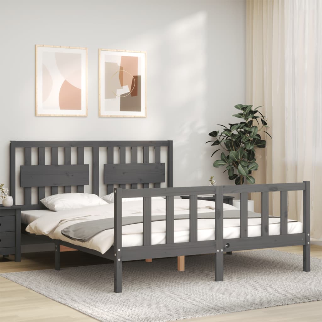 Vetonek Estructura de cama matrimonio con cabecero madera maciza gris