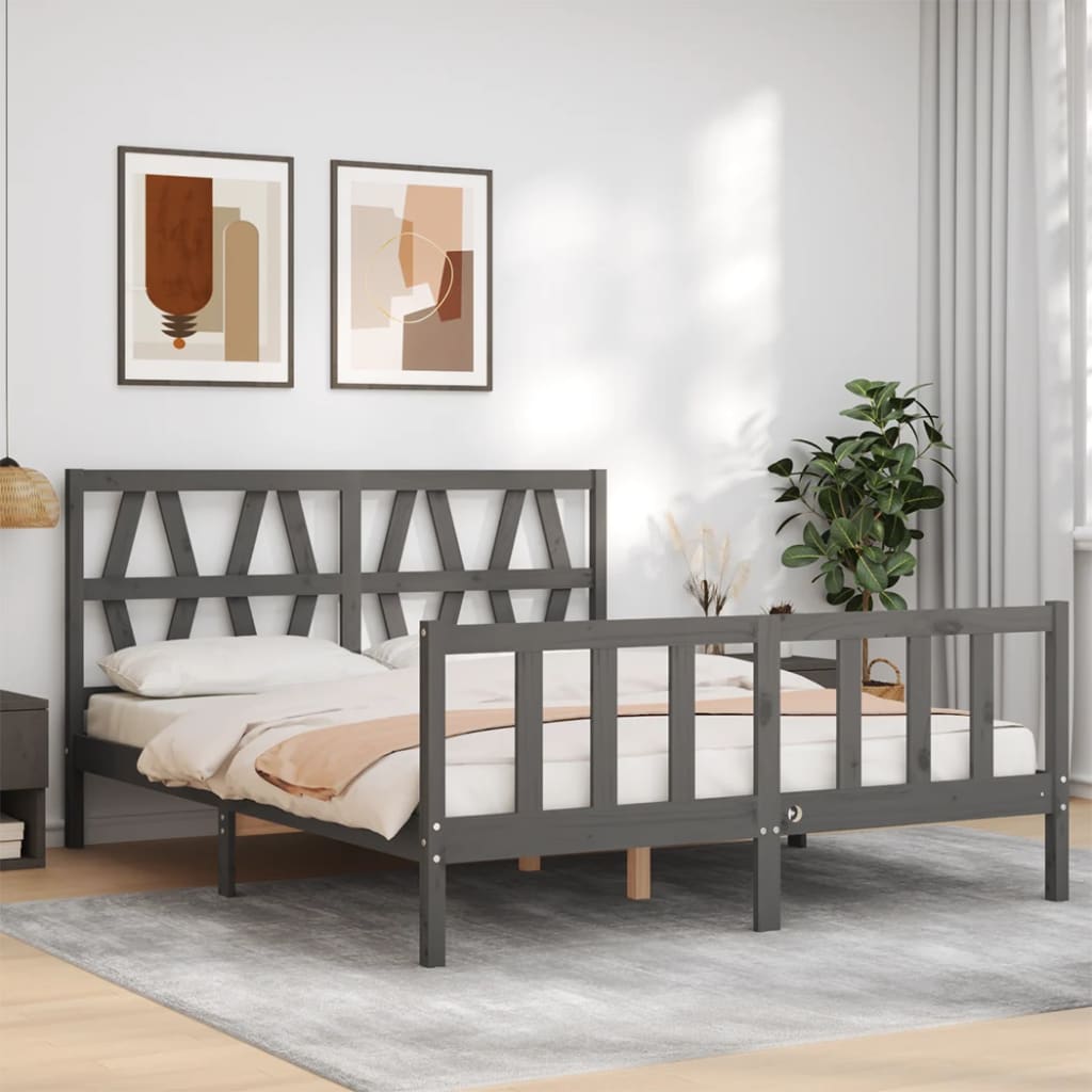 Vetonek Estructura de cama matrimonio con cabecero madera maciza gris