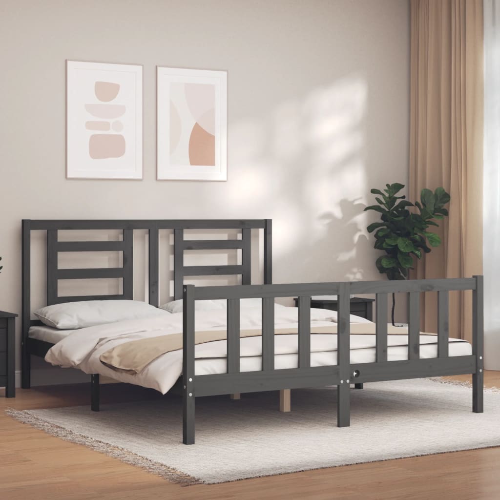 Vetonek Estructura de cama matrimonio con cabecero madera maciza gris