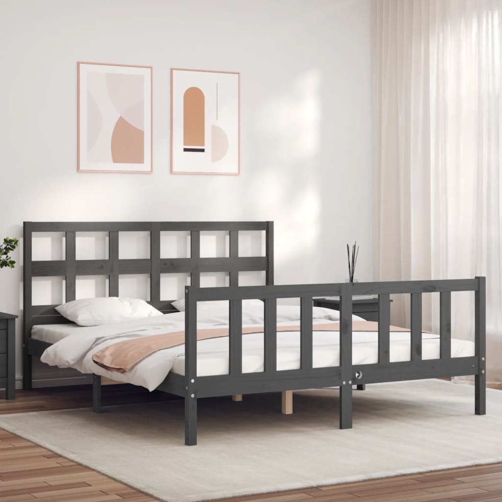 Vetonek Estructura de cama matrimonio con cabecero madera maciza gris