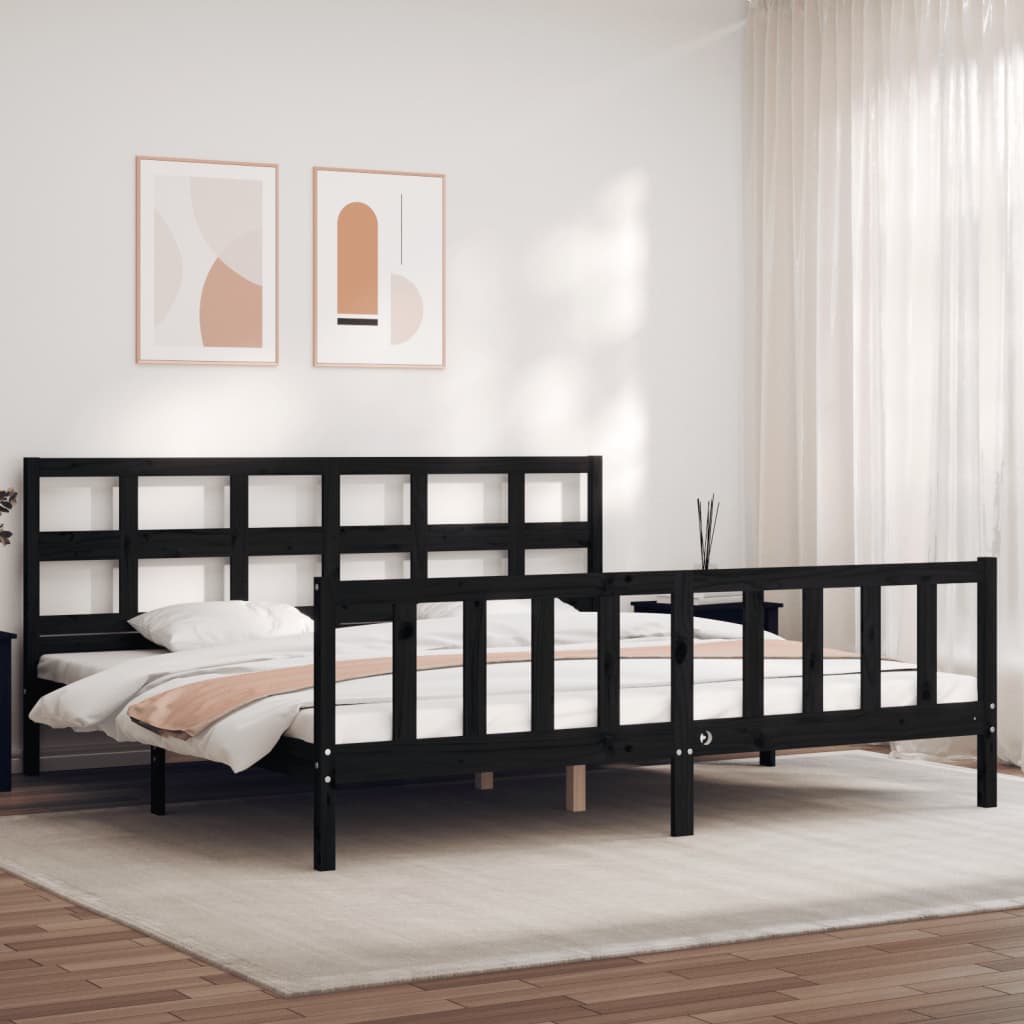 Vetonek Estructura cama de matrimonio con cabecero madera maciza negro