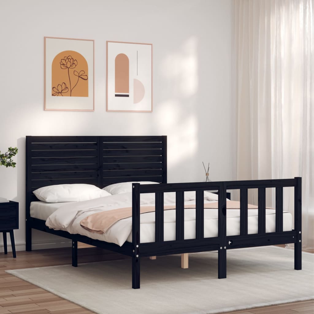 Vetonek Estructura cama de matrimonio con cabecero madera maciza negro