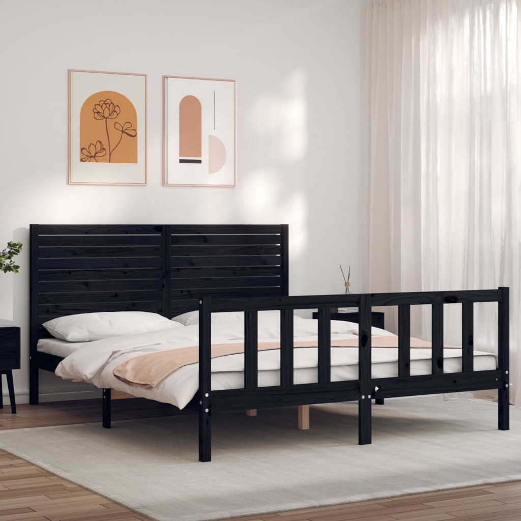 Vetonek Estructura cama de matrimonio con cabecero madera maciza negro