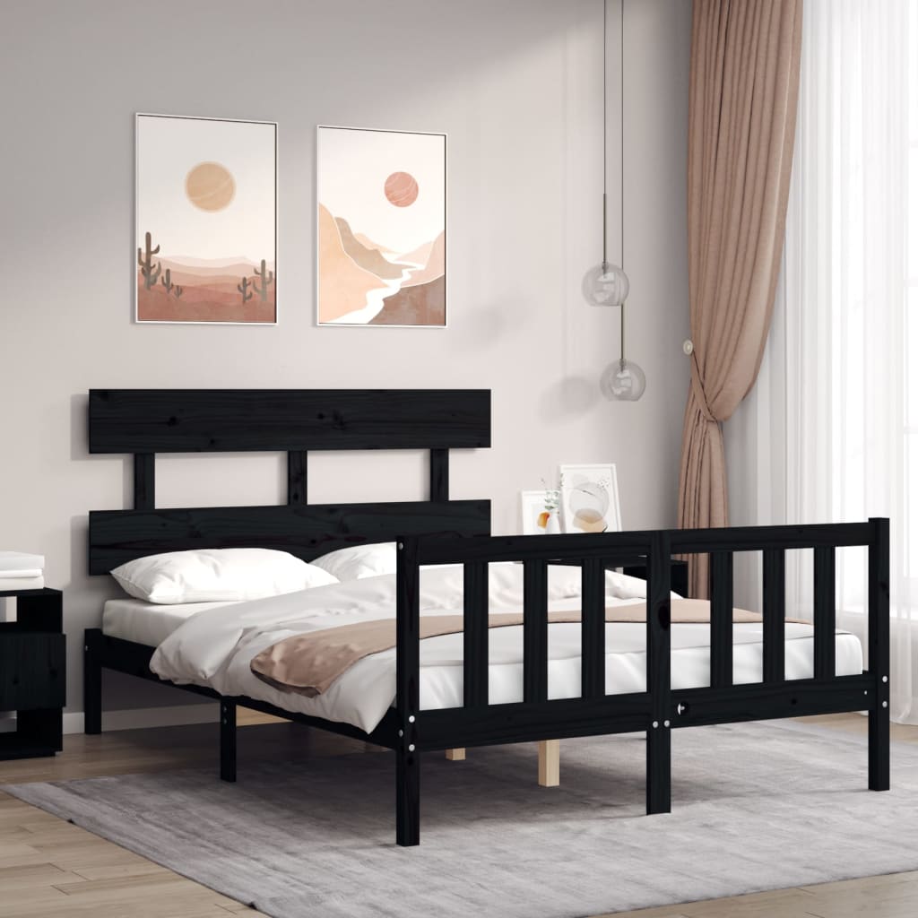 Vetonek Estructura cama de matrimonio con cabecero madera maciza negro