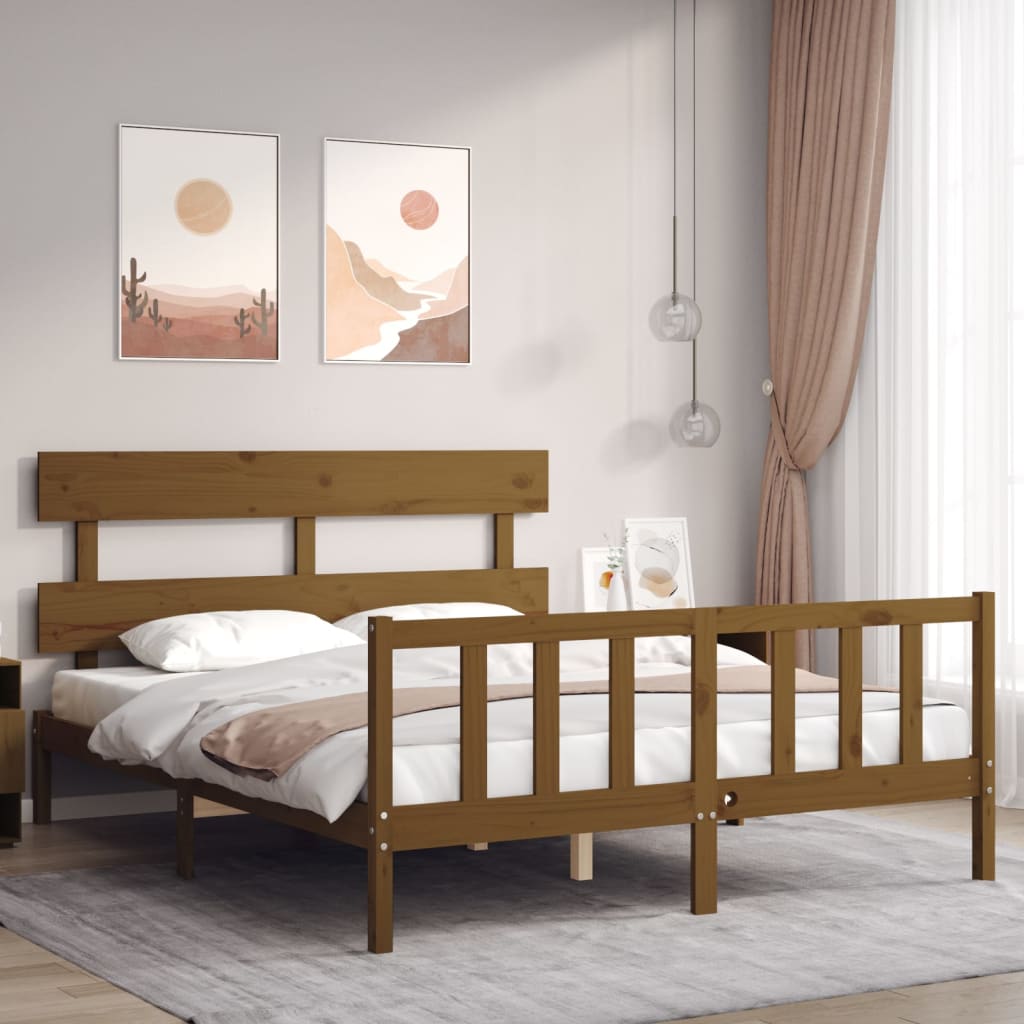 Vetonek Estructura de cama matrimonio con cabecero madera marrón miel