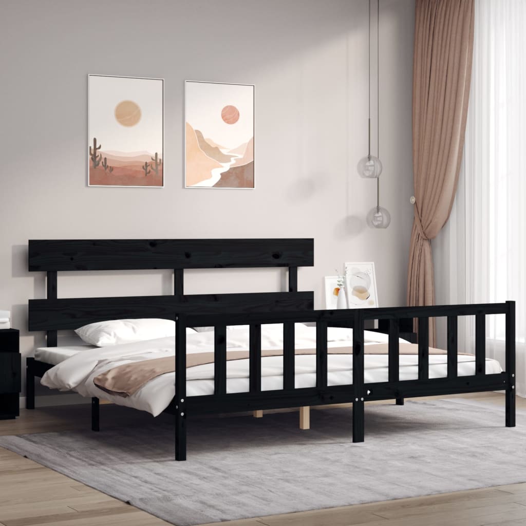 Vetonek Estructura cama de matrimonio con cabecero madera maciza negro