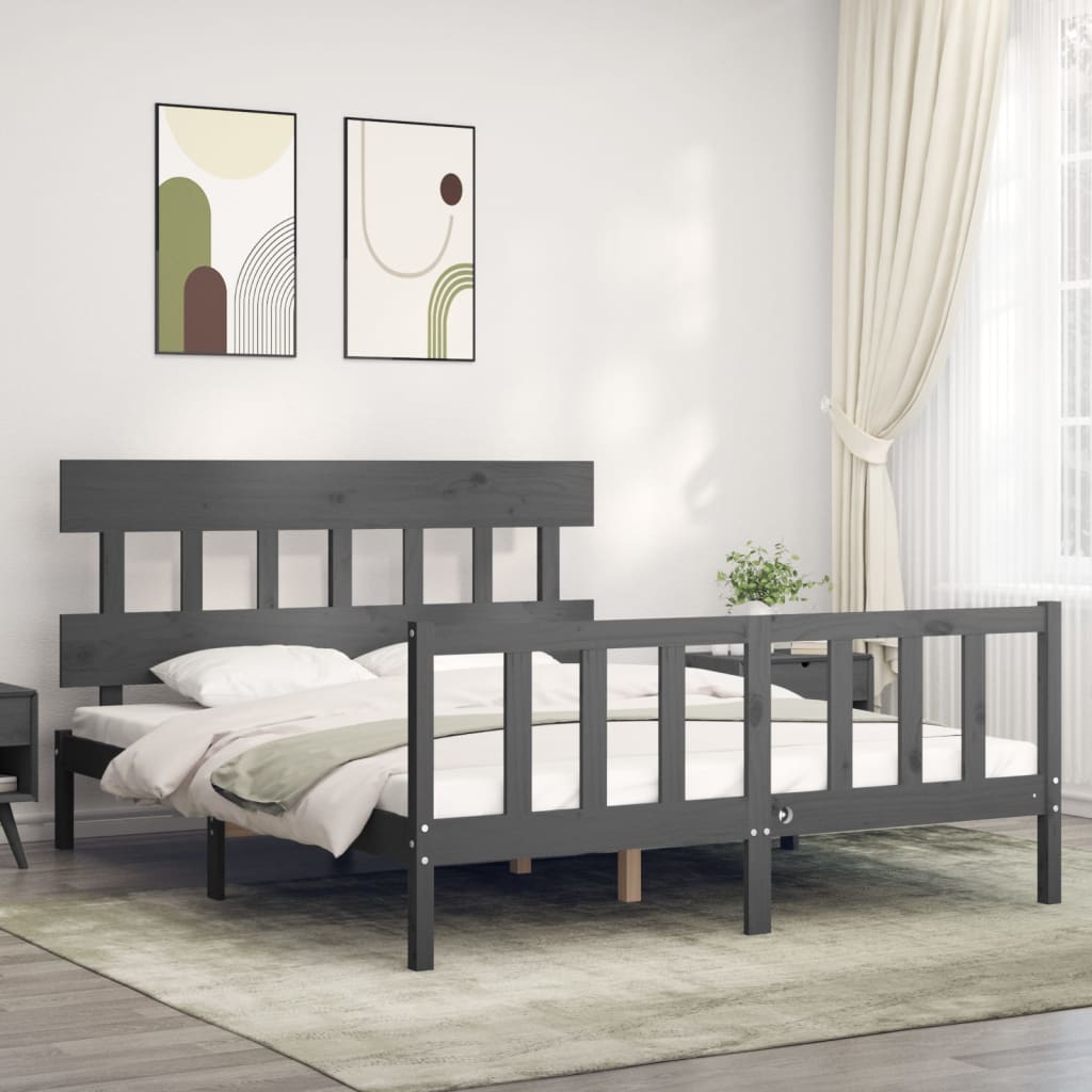 Vetonek Estructura de cama matrimonio con cabecero madera maciza gris