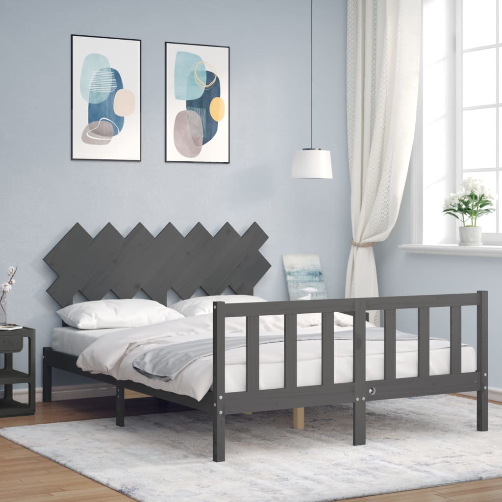 Vetonek Estructura de cama matrimonio con cabecero madera maciza gris