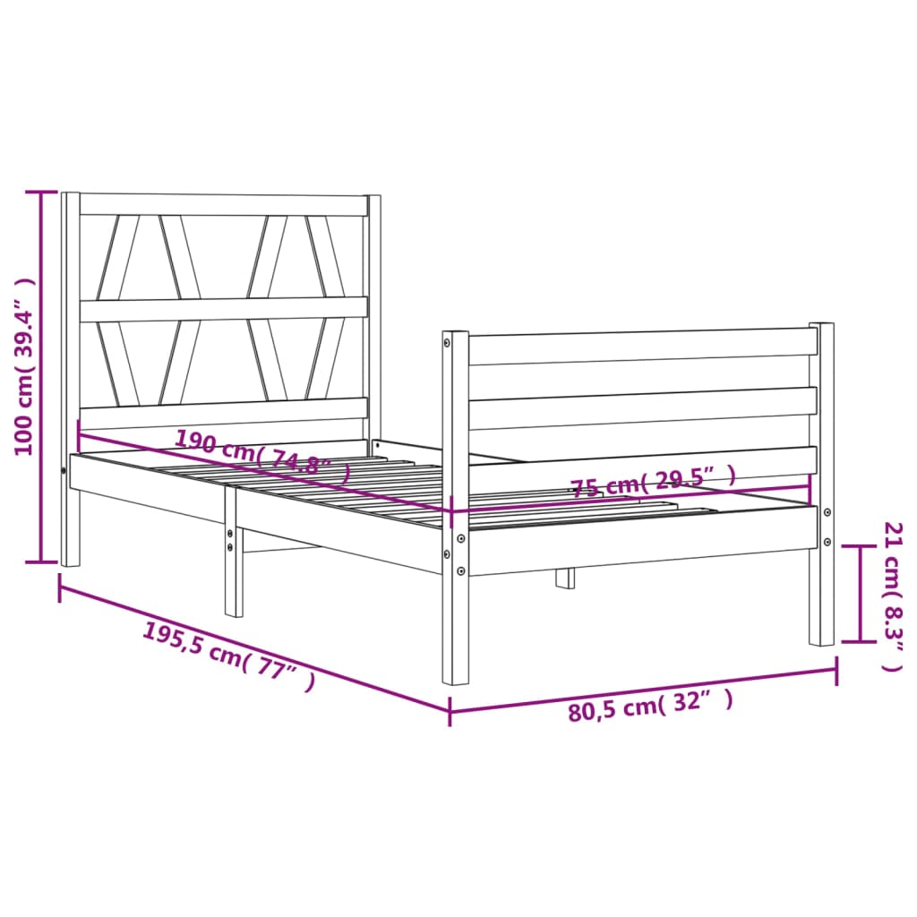 Estructura de cama individual con cabecero madera maciza vidaXL