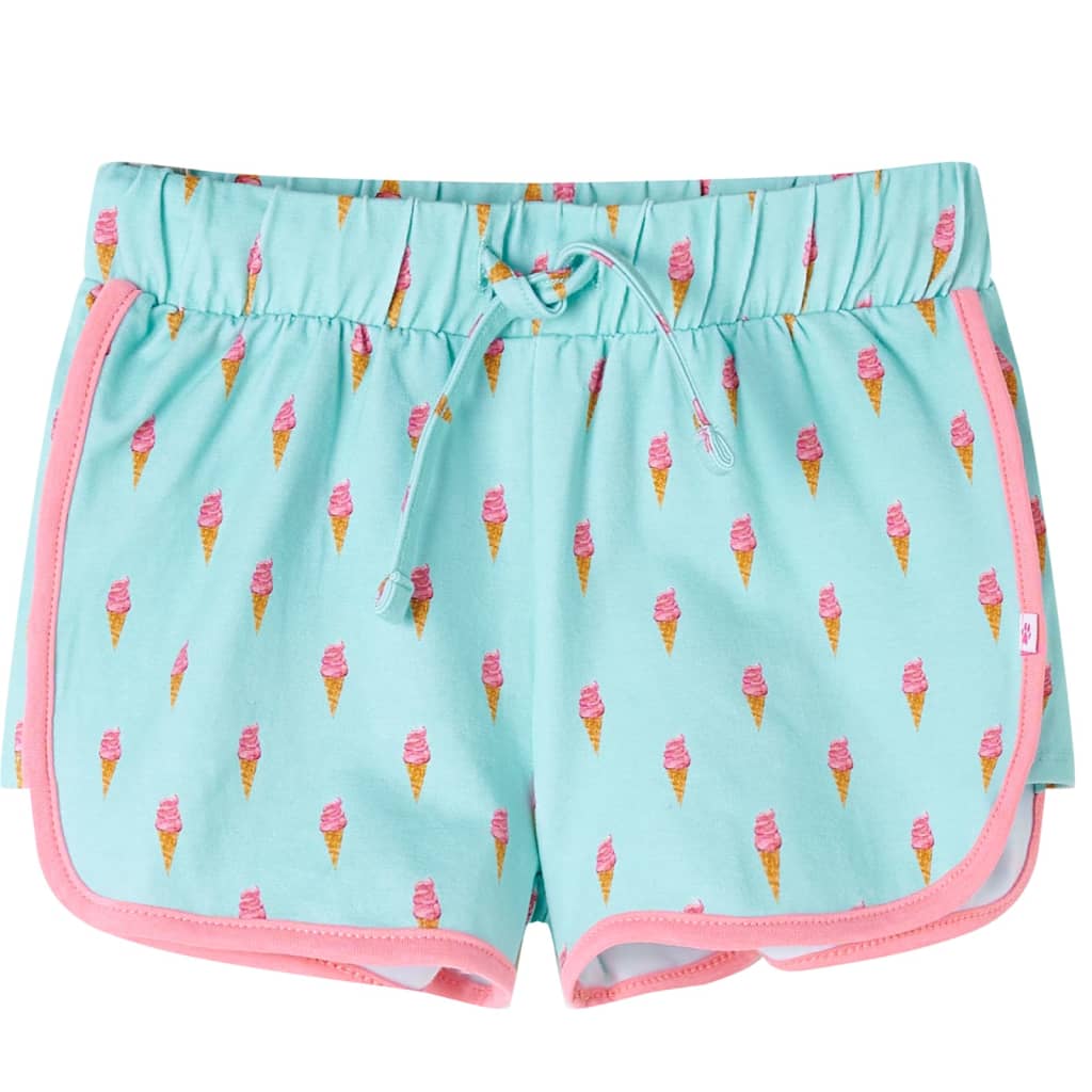 Pantalones cortos infantiles menta claro con estampado de helados, ideales para el verano y la ropa diaria.