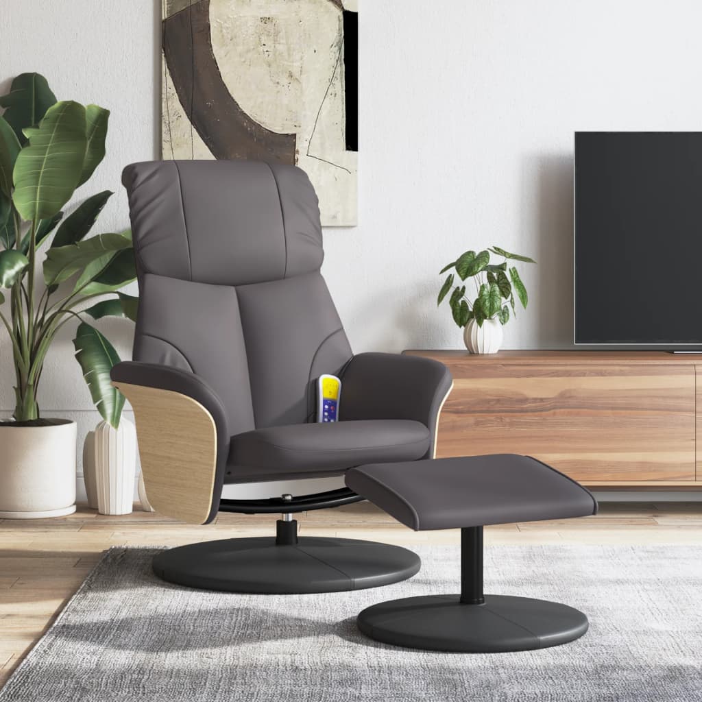 Vetonek Sillón de masaje reclinable con reposapiés cuero sintético gris 