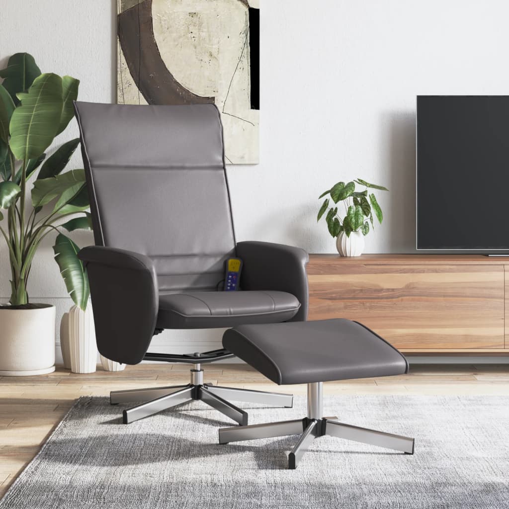 Vetonek Sillón de masaje reclinable con reposapiés cuero sintético gris