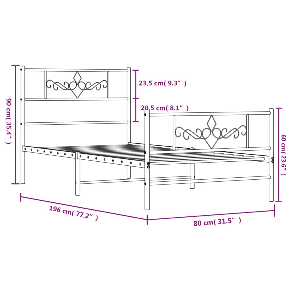 Estructura cama sin colchón con estribo metal negro 75x190 cm