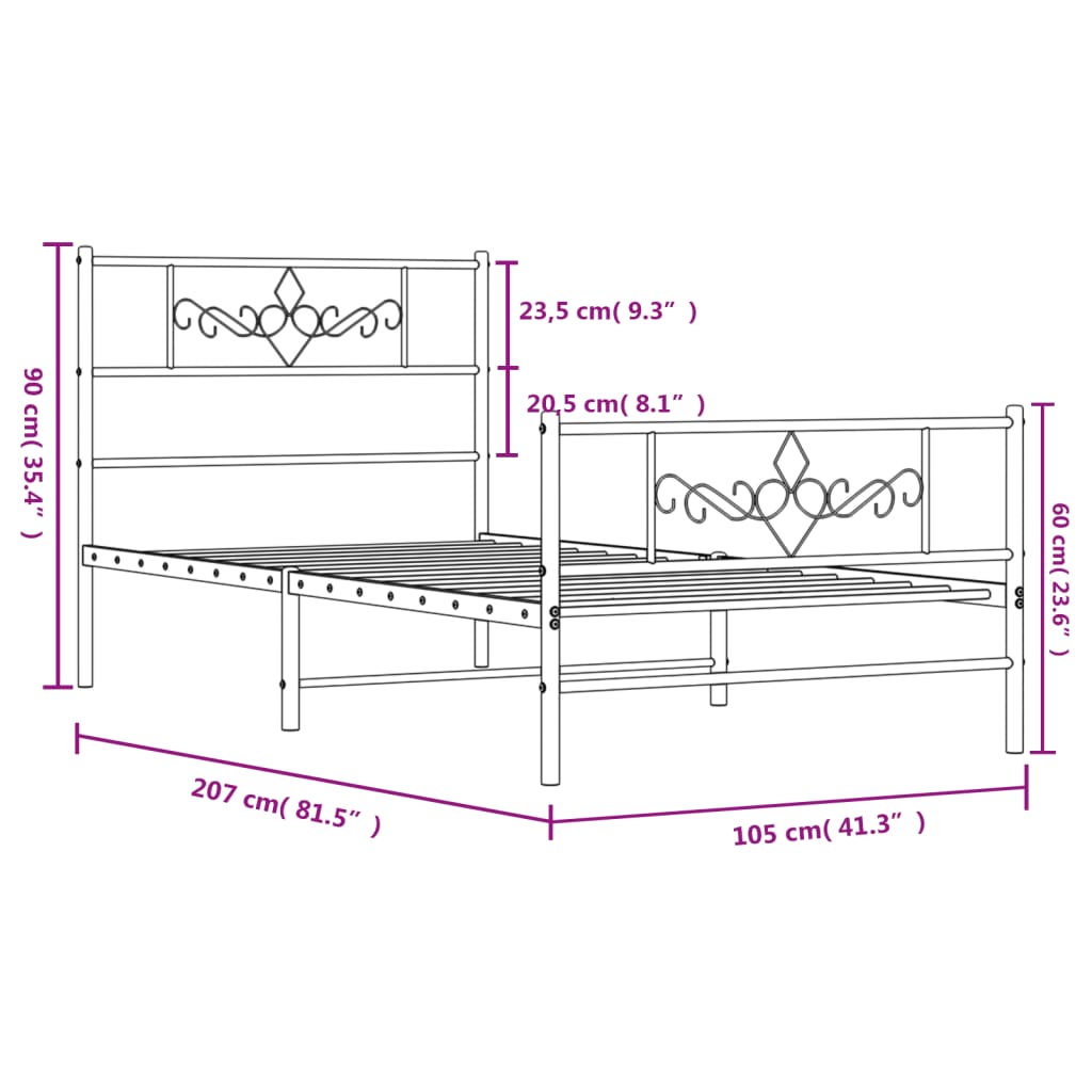 Estructura cama sin colchón con estribo metal negro 100x200 cm