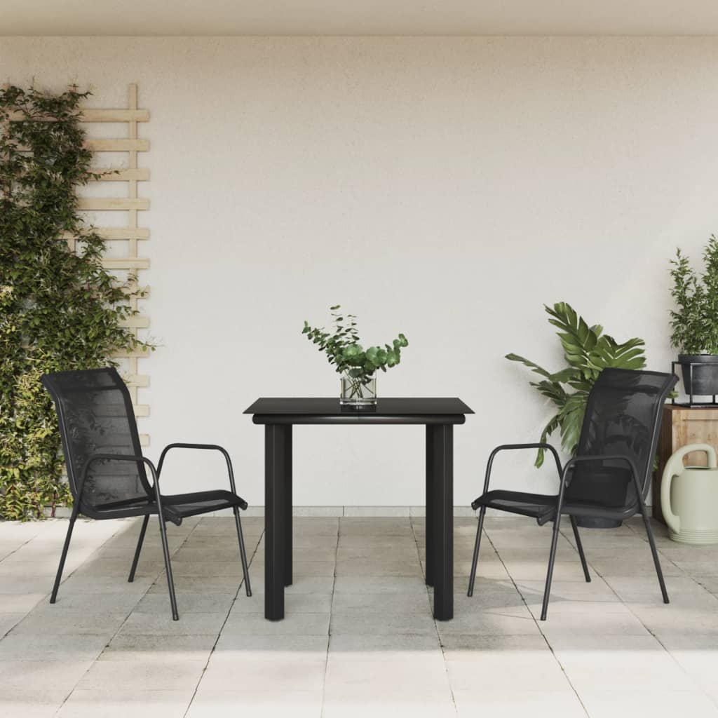 Vetonek Juego de comedor para jardín 3 piezas acero y textilene negro