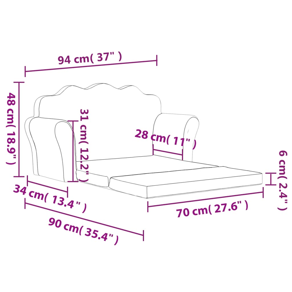 Sofá cama de niños 2 plazas felpa suave gris claro