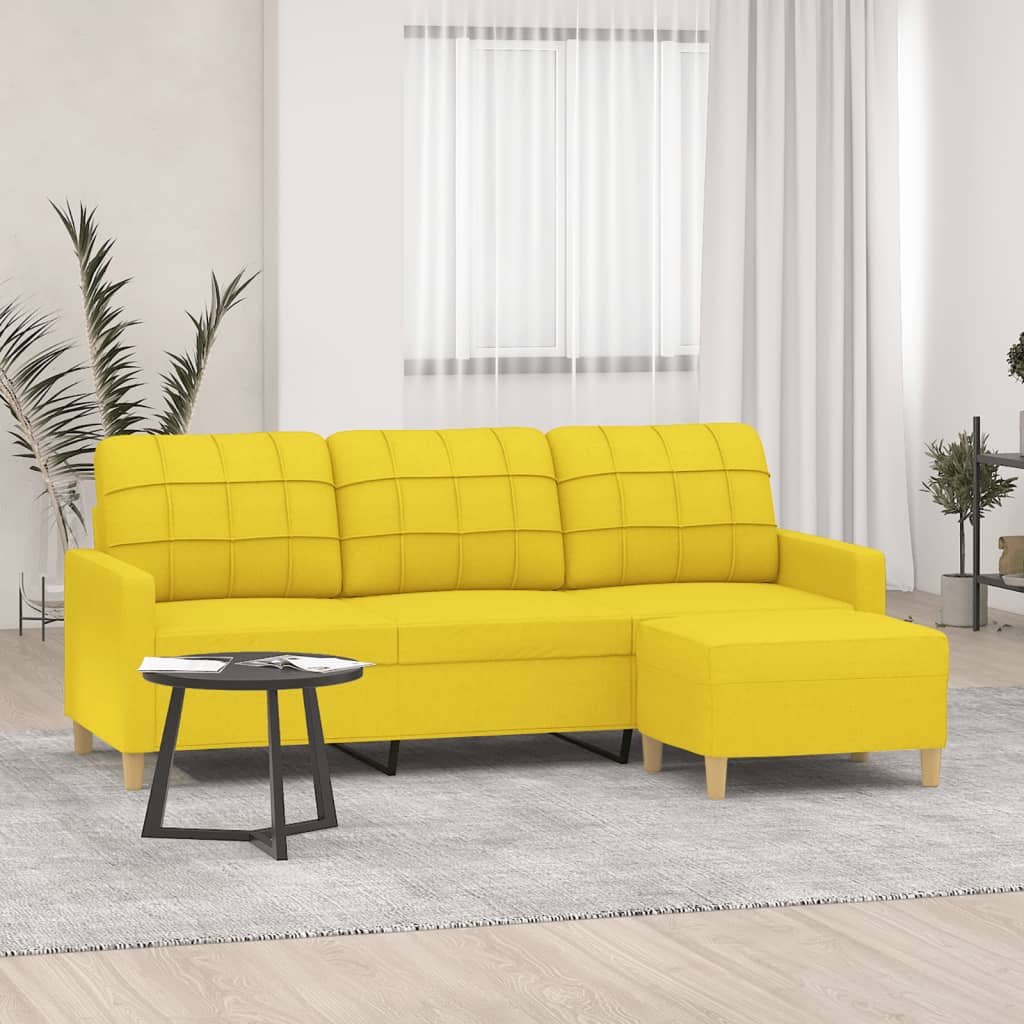 Vetonek Sofá de 3 plazas con taburete de tela amarillo claro 180 cm