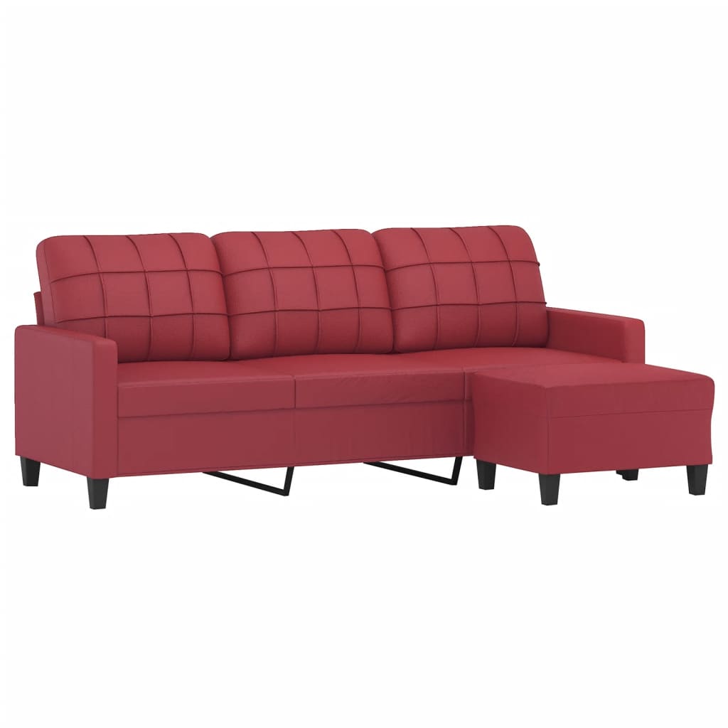 Sofá de 3 plazas con taburete cuero sintético rojo tinto 180 cm - Vetonek