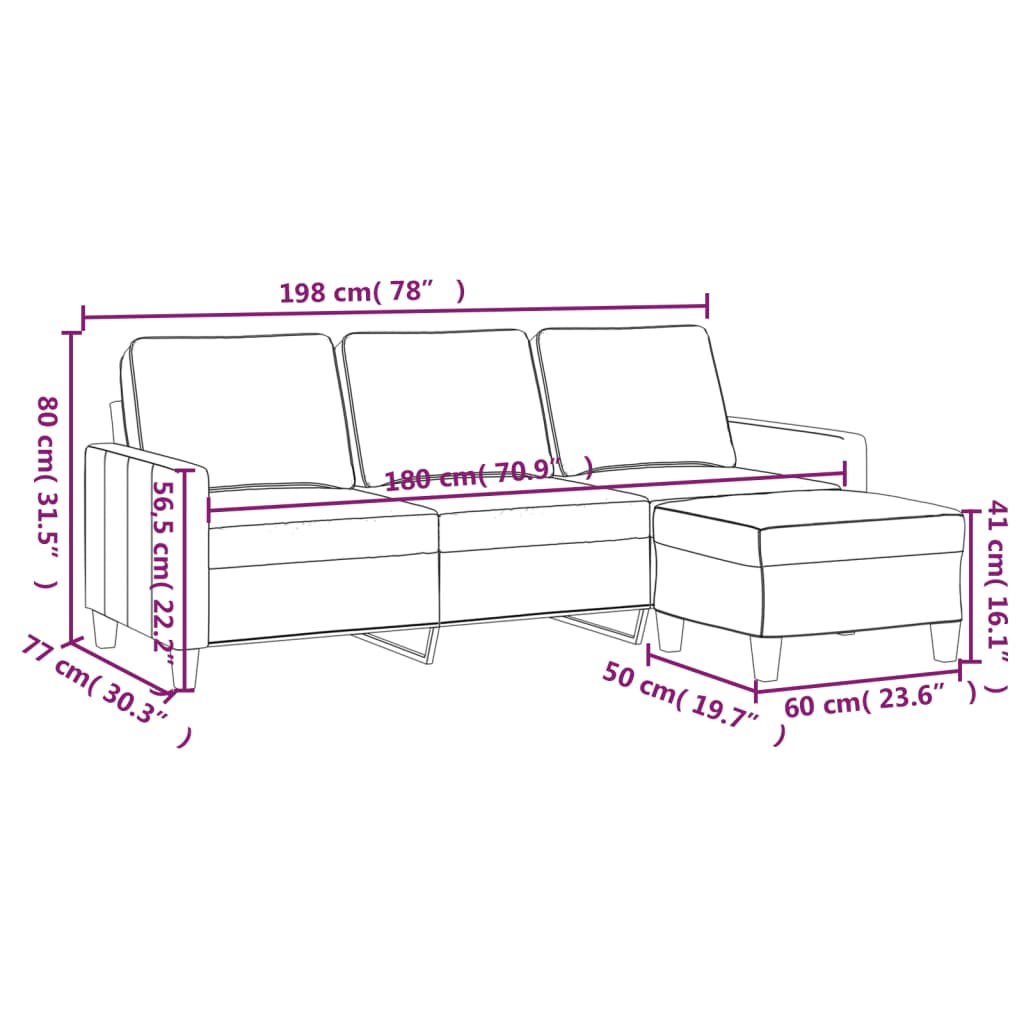 Sofá de 3 plazas con taburete de tela negro 180 cm vidaXL