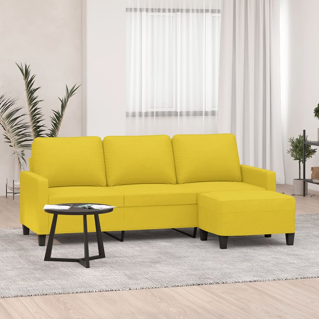 Vetonek Sofá de 3 plazas con taburete de tela amarillo claro 180 cm