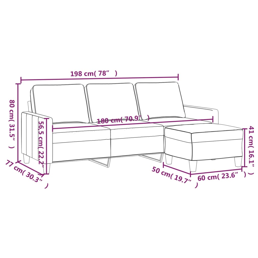 Sofá de 3 plazas con taburete de tela rojo tinto 180 cm vidaXL