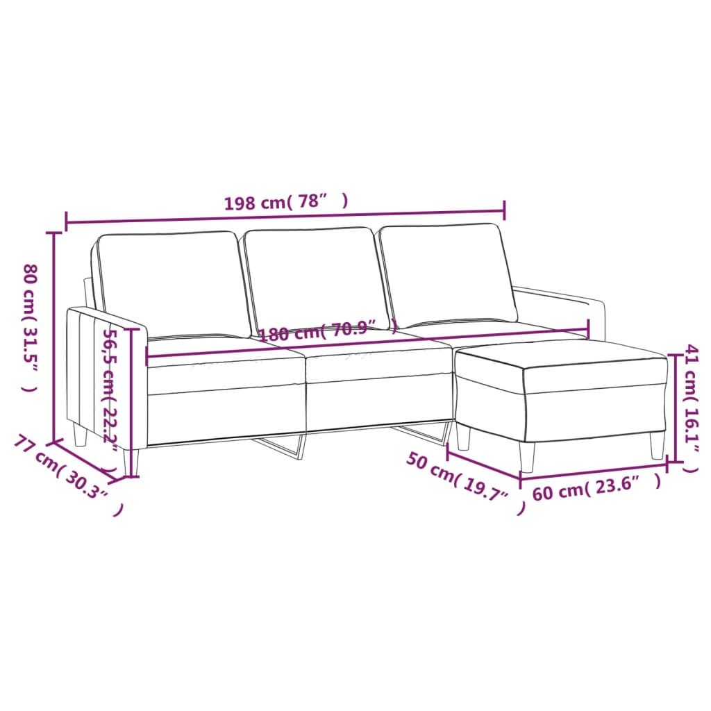 Sofá de 3 plazas con taburete de terciopelo gris claro 180 cm vidaXL