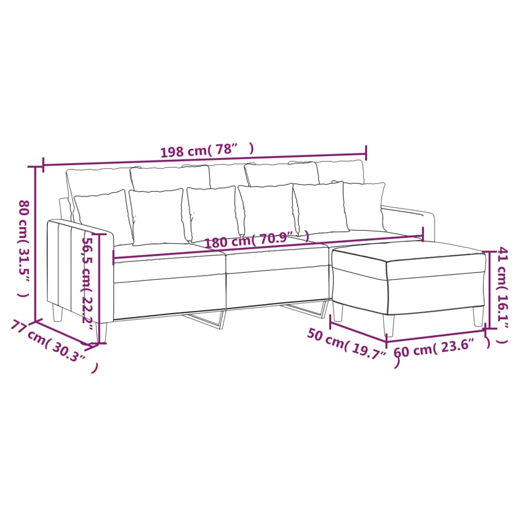 Sofá de 3 plazas con taburete de terciopelo rosa180 cm vidaXL