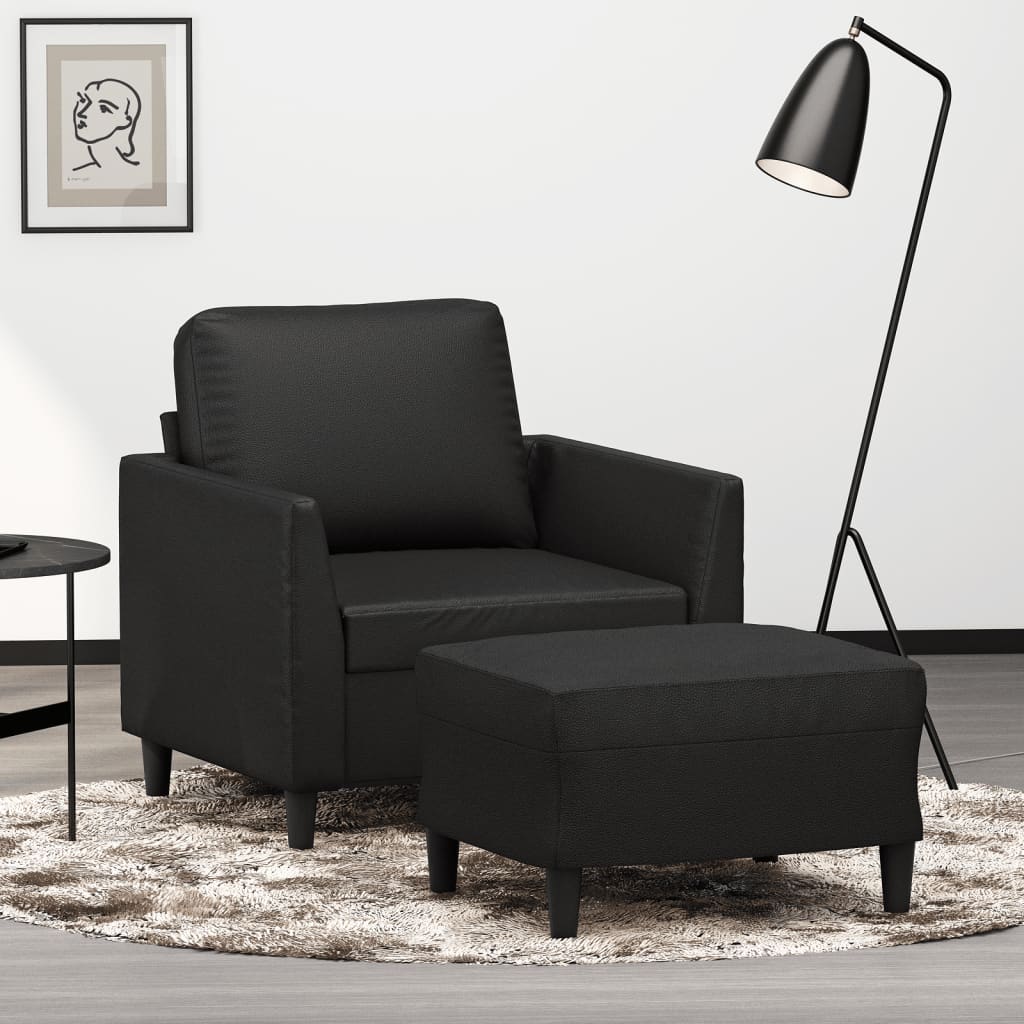 Vetonek Sillón con taburete cuero sintético negro 60 cm