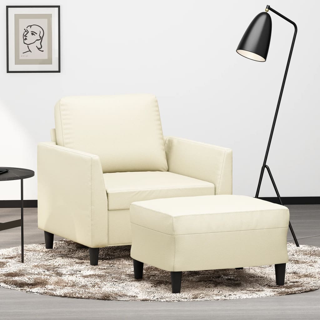 Vetonek Sillón con taburete cuero sintético color crema 60 cm