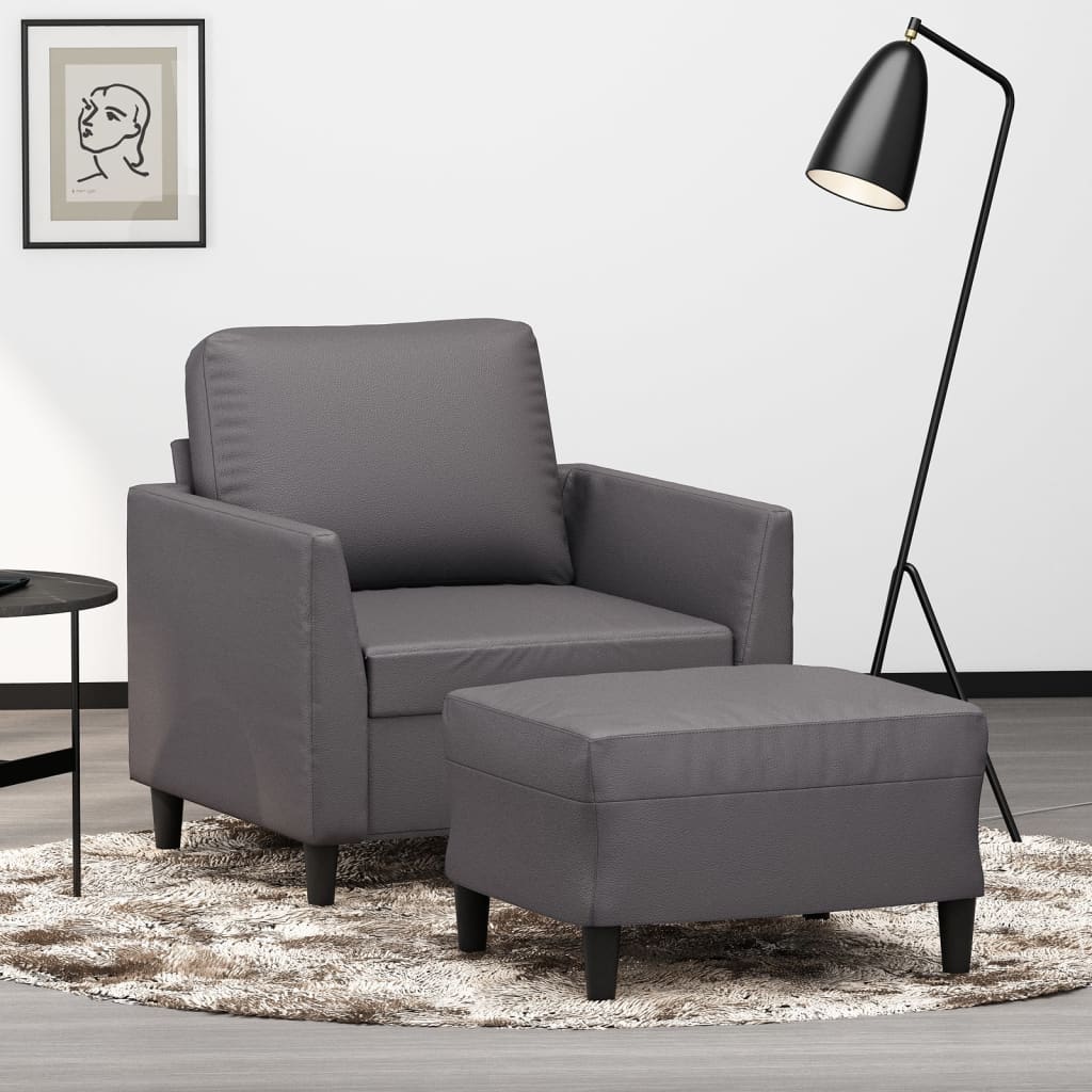 Vetonek Sillón con taburete cuero sintético gris 60 cm