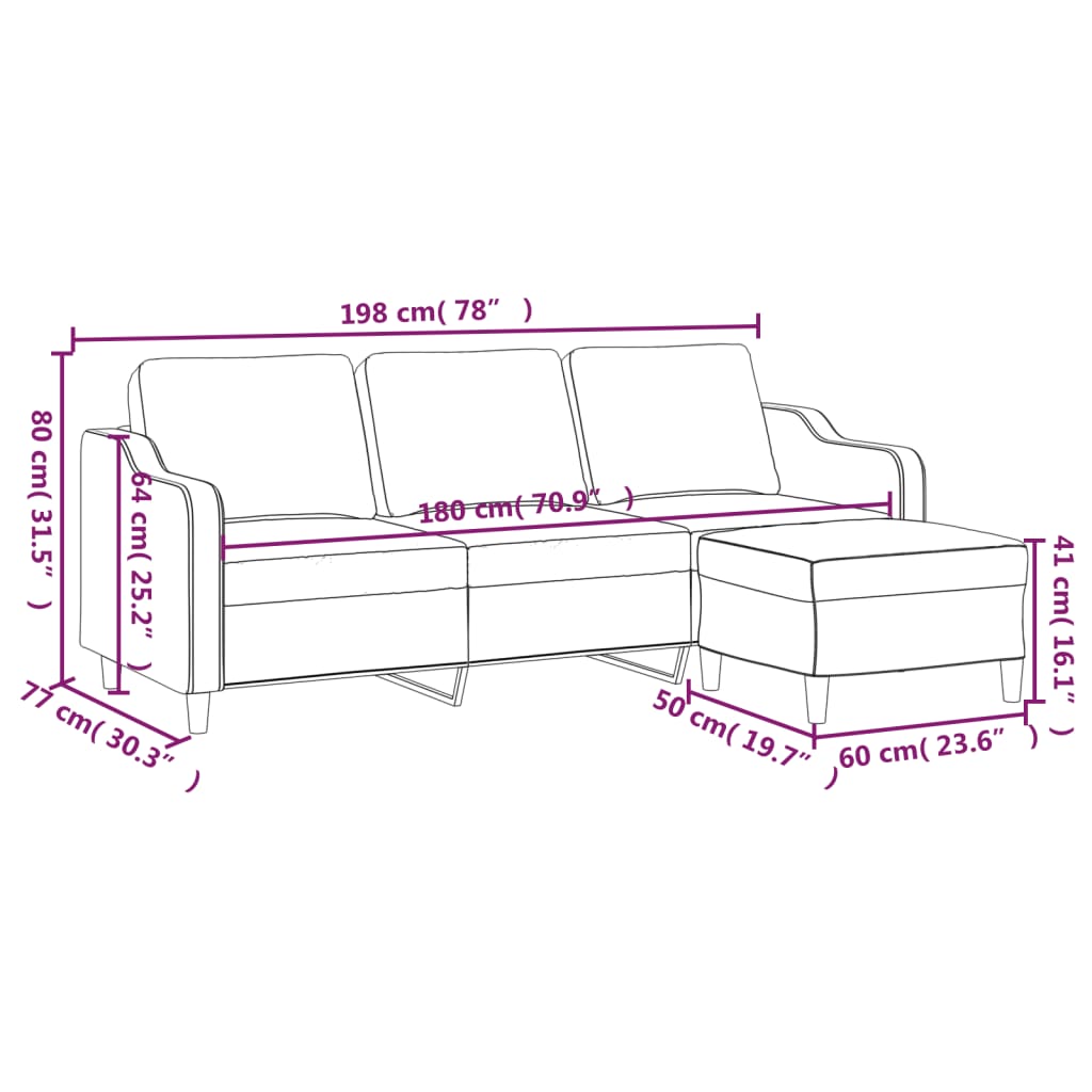 Sofá de 3 plazas con taburete de tela marrón 180 cm vidaXL