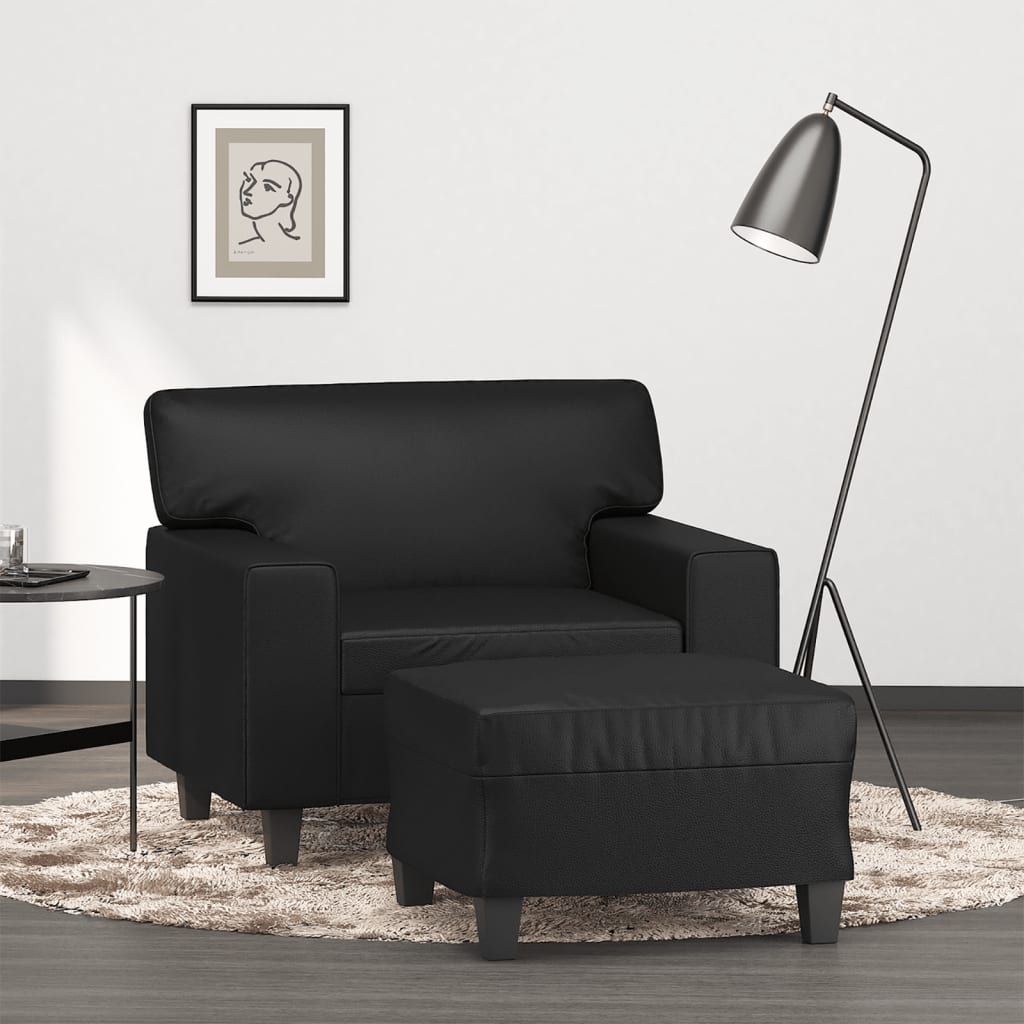 Vetonek Sillón con taburete cuero sintético negro 60 cm