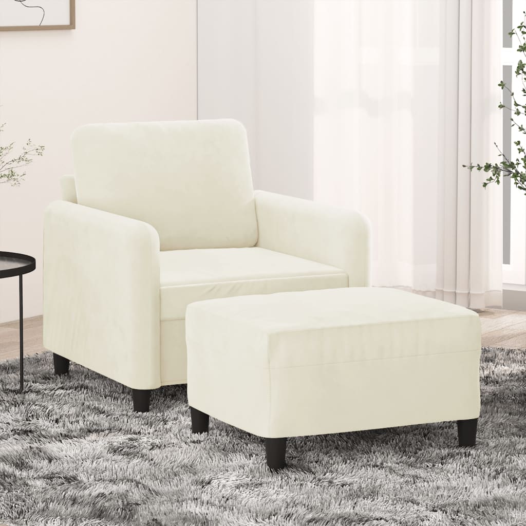 Vetonek Sillón con taburete terciopelo crema 60 cm